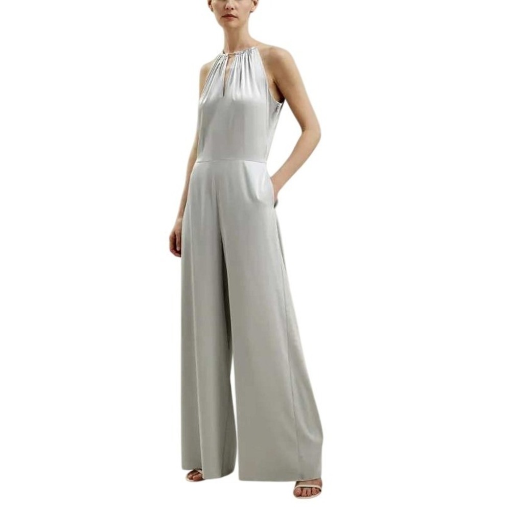 LILYSILK NWT Silver Gray Mulberry Silk Halter Neck Wide Leg Jumpsuit Size 2 NEW